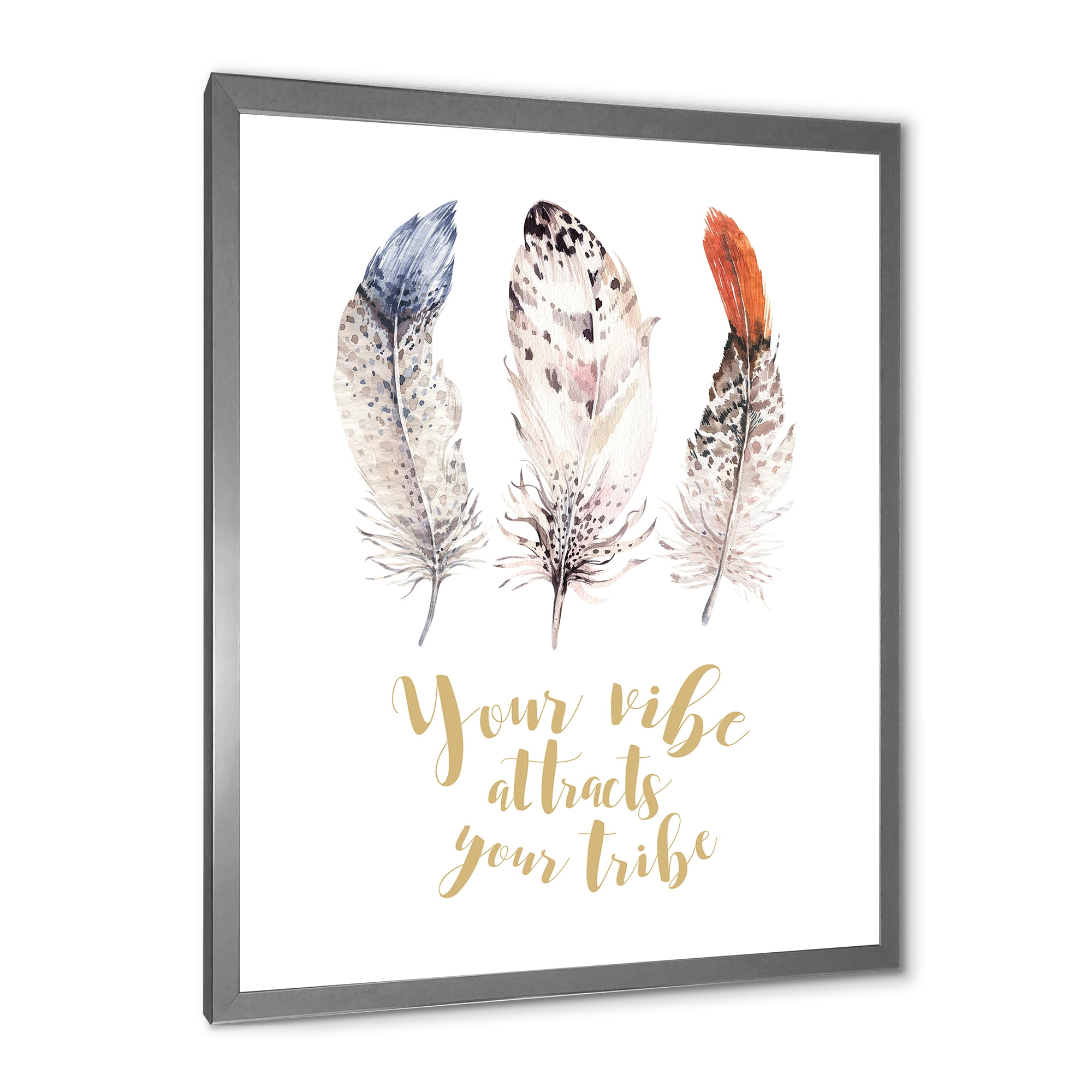 Designart 'Your Vibe Attracts Your Tribe Ethnic Feathers II' Bohemian & Eclectic Framed Art Print