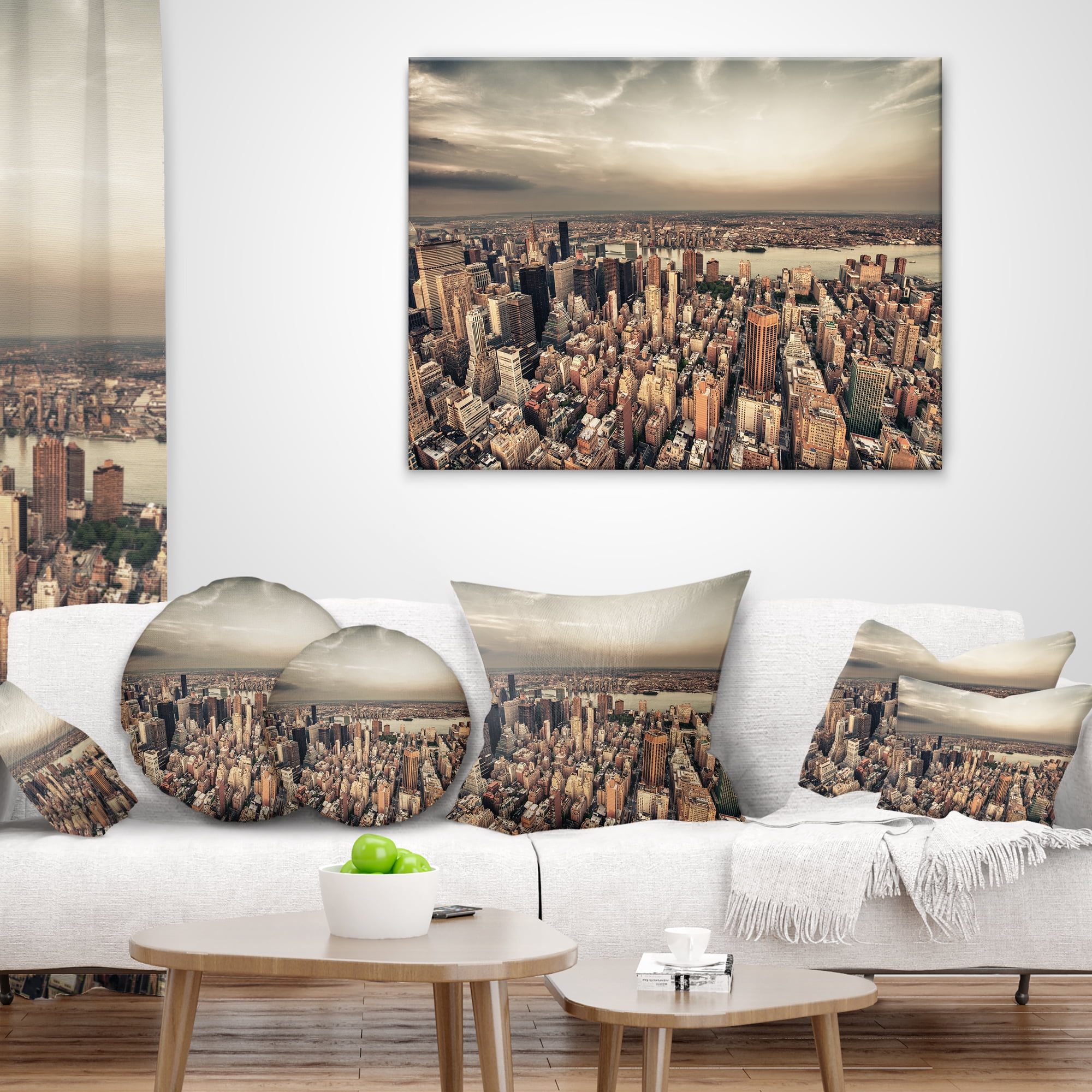 Designart Manhattan Skyscrapers Aerial View - Modern Cityscape Throw Pillow - 12x20