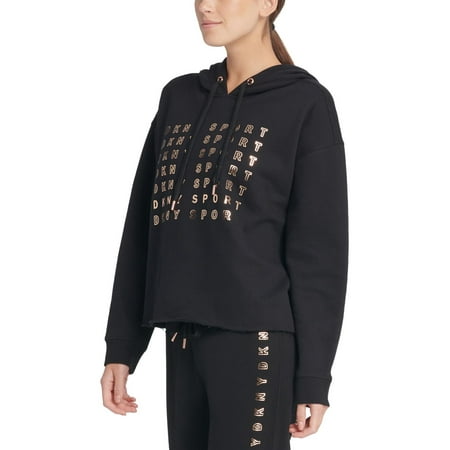 DKNY Women's Sport Metallic-Logo Cropped Hoodie Black Size Medium