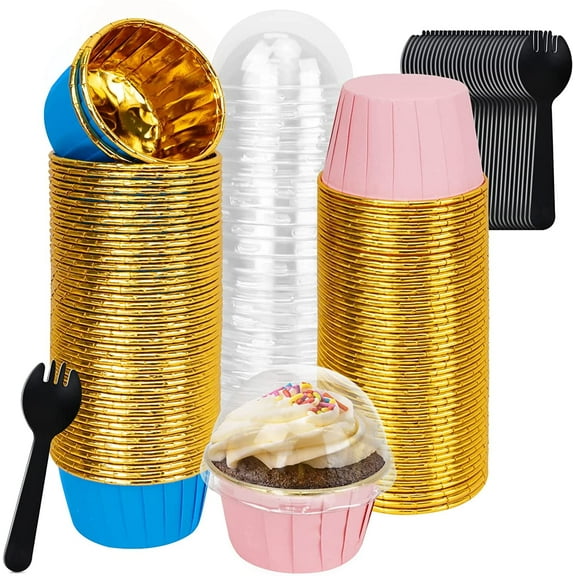 Aluminum Cupcake Liners with Lids 100 Pack, Foil Baking Cases Wrappers, Disposable Muffin Cups with Plastic Spoon, Mini Cake Pans Container Holder for Wedding Birthday Christmas Party (Blue/Pink)