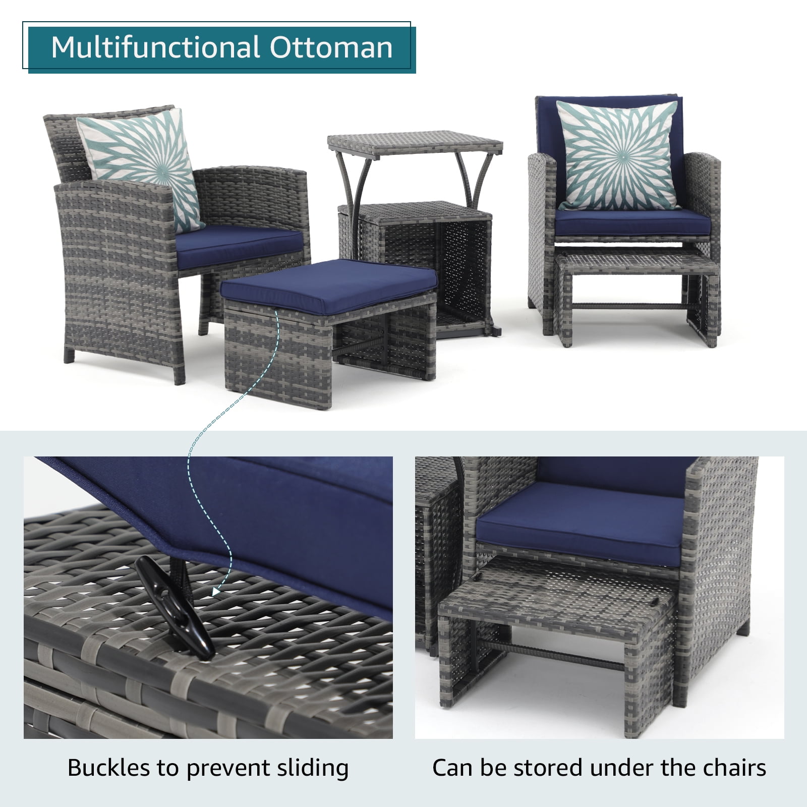 JOIVI 6 Piece Patio Furniture Conversation Set, with Ottoman, Outdoor Grey Wicker Chair and Table Set, Navy Blue