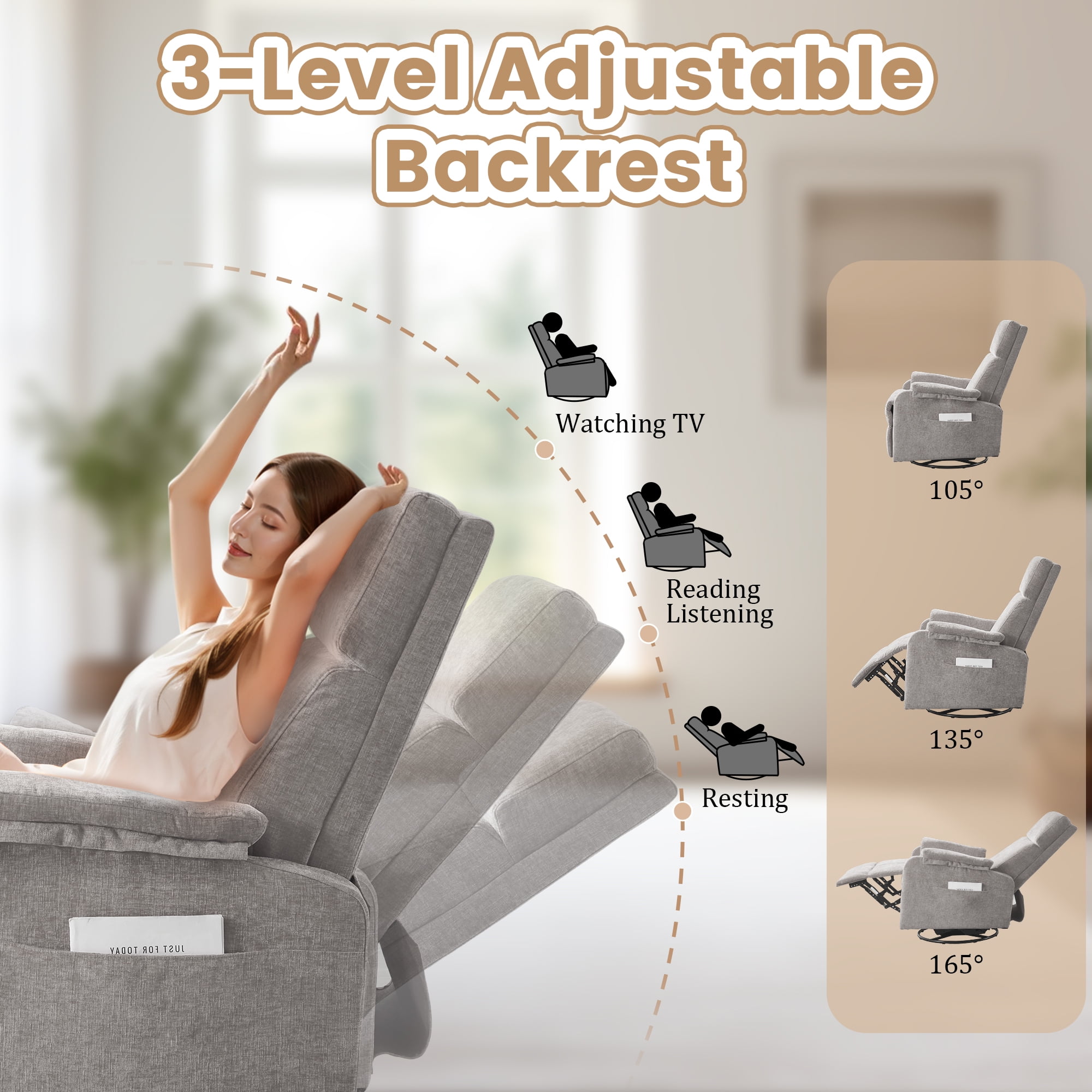 Korser Swivel Rocker Recliner Chair for Small Spaces Chenille for Living Room,Grey