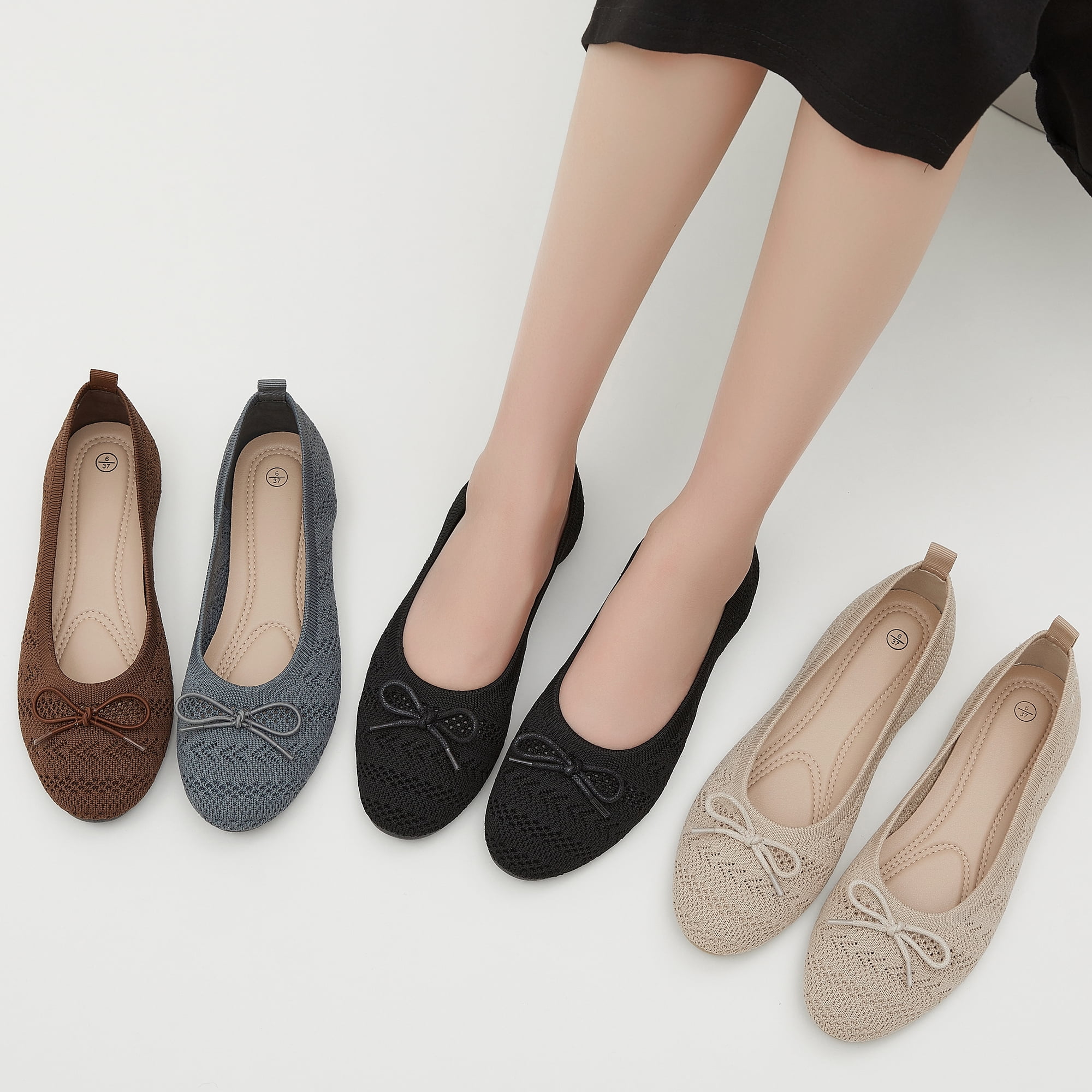 AOMAIS Women’s Ballet Flats Knit Mesh Flats Round Toe Shoes Comfy Slip Ons Casual Dress Flats Waling Loafer (Black,US9)