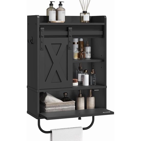 Bathroom Wall Cabinet, Farmhouse Medicine Cabinets with Sliding Door, Wall Mounted Storage Cabinet with Adjustable Shelf and Towel Bar, for Bathroom, Living Room, Kitchen, Black