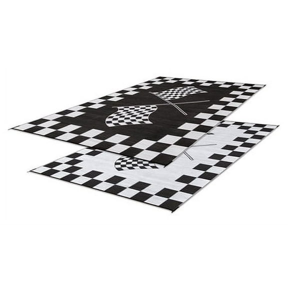 Faulkner 48709 Reversible Rv Outdoor Patio Mat - Black & White Checkered Finish Line Design - 8' X 20'