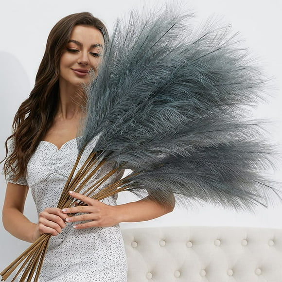 TETOU 8pcs Faux Pampas Grass 38"/3.1FT Tall Floral Large Artificial Pompous Grass Branches Plants for Floor Vase Filler Home Boho Decoration(Grey)