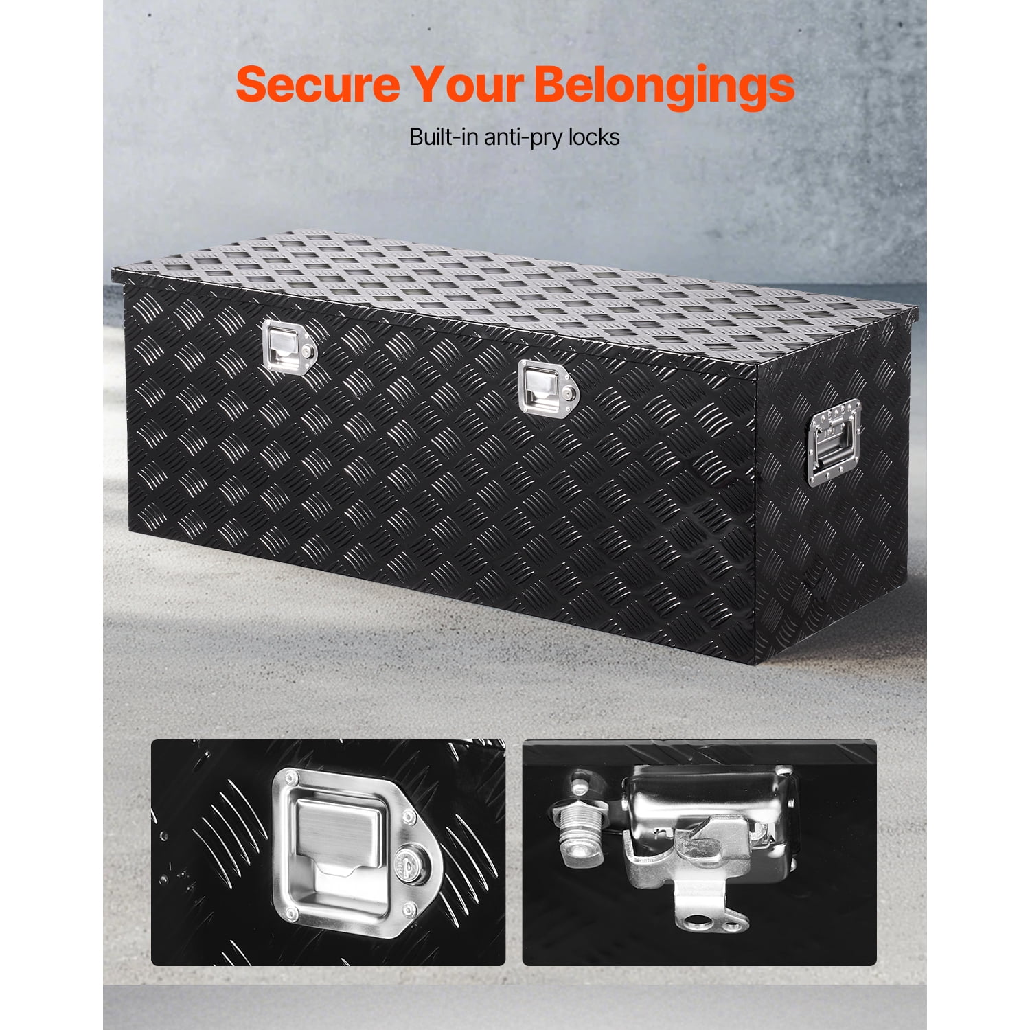KFFKFF Heavy-Duty Aluminum Truck Bed Tool Box, Textured Storage Box with Side Handles and Locking Mechanism, Organizer Chest for Trailers, Pickups, Truck Beds, and RVs, 48"x19.5"x17.5", Black