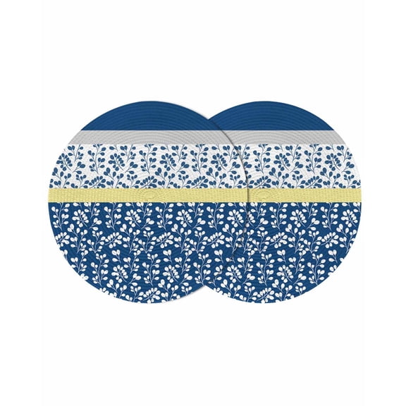 Blue Yellow Round 13 Inch Placemats Set of 2, Botanical Floral Motifs Wildflower Striped HeatResistant Non Slip Place Mats for Dining Table, Wipeable Braided Kitchen Table Mats for Housewarming