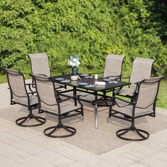 SUMMIT LIVING 7-Piece Outdoor Patio Dining Set with 6 High-Back Swivel Padded Chairs & Rectangle Metal Steel Table with Umbrella Hole, Black & Grayish-brown