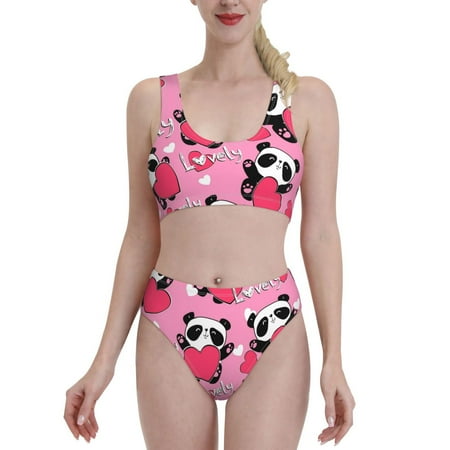 Bixox Panda Heart Valentine Pink Pattern Two-Piece Sports Bikini with U-Shaped Top and High-Waist Bottom - Women s Swimwear with Removable Bra Pads