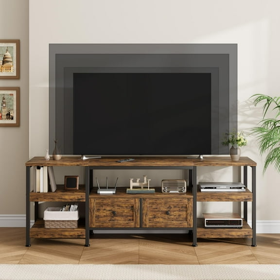 KOKEBREN 63"Wide TV Stand for TVs Up to 65", Industrial Media Console with 2 Drawers and Open Storage Shelves,Sturdy Metal Frame Entertainment Center,Brown