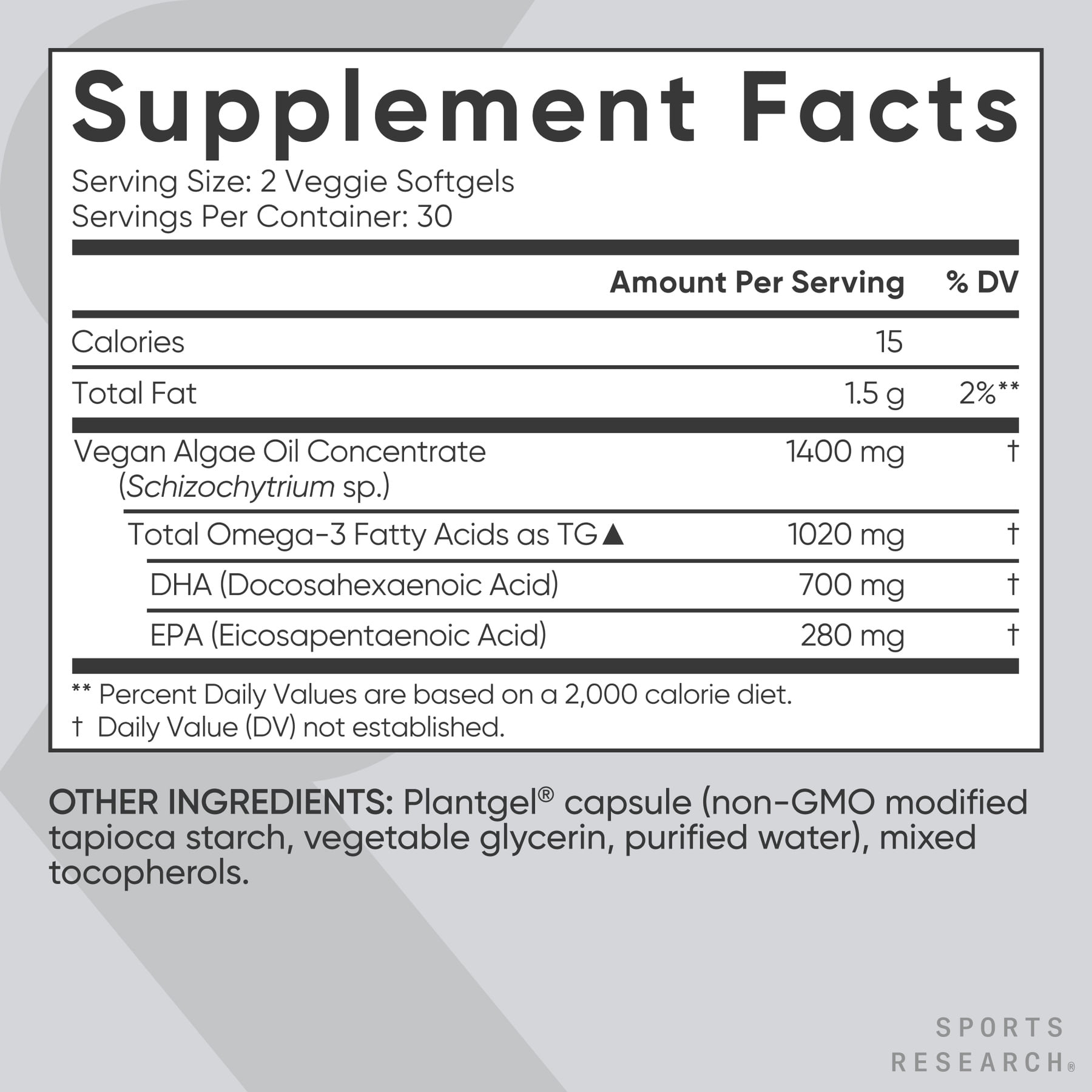 Sports Research® Highest Levels of Vegan Omega 3 DHA & EPA Softgel Fatty Acids (Carrageenan Free)