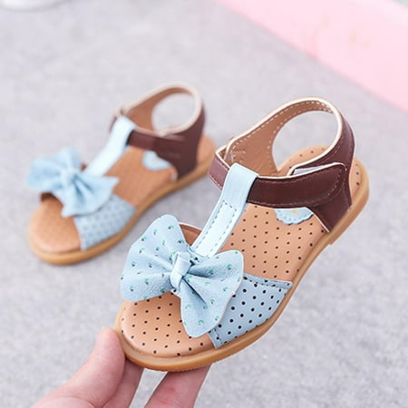 

QISIWOLE Children Girls Sandals Princess Bowknot Flat Bottom Color Blocking Beach Shoes Sales