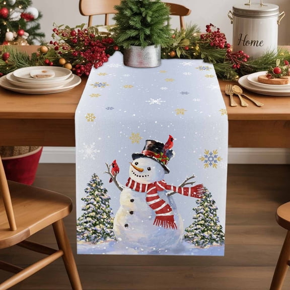 Purple Blue Christmas Snowman Cotton Linen Small Table Runner 13 x 60 inch Winter Xmas Tree Snowflakes Non-slip Rectangular Dining Table Decor for Wedding Party Holiday Dinner