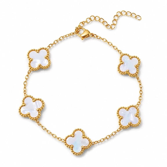 14K Gold Plated Clover Bracelets for Women - Flower Four Leaf Clover Bracelet - Mother of Pearl Gemstone Lucky Flower Design - Adjustable