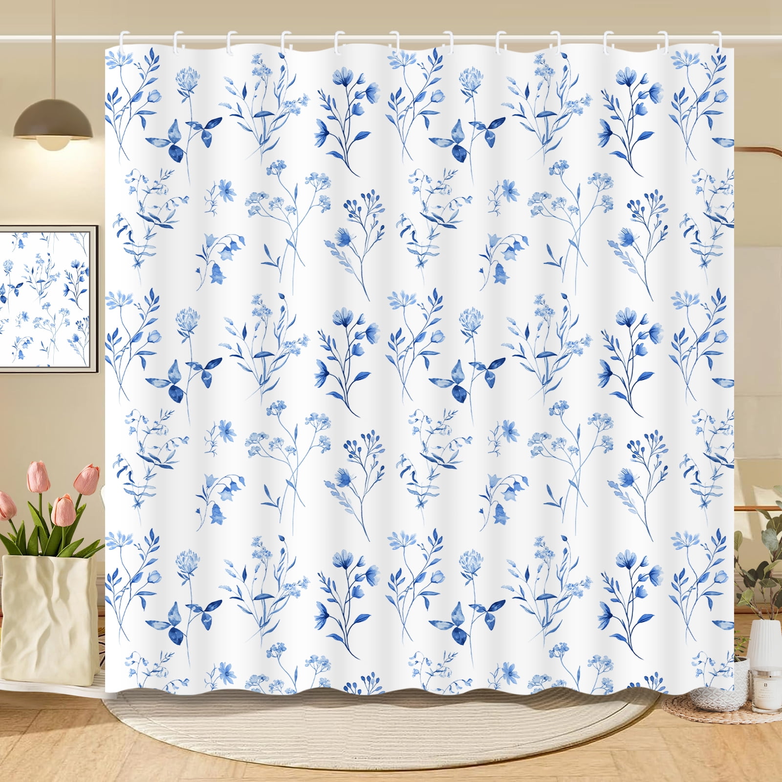 FRAMICS 16-Piece Watercolor Floral Shower Curtain Sets with Rugs, Blue Botanical Bathroom Sets, Waterproof Fabric Bathroom Curtain Decor with Hooks
