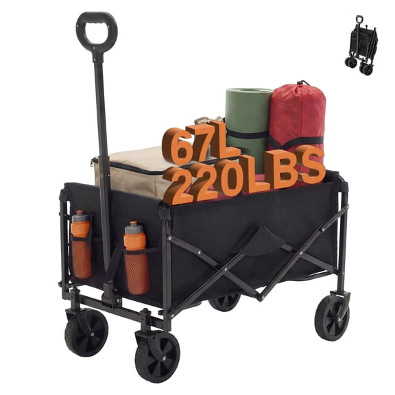 edx Folding Wagon, 220 lbs Utility Cart Heavy Duty with Wheels, Portable for Outdoor Camping, Shopping, Black