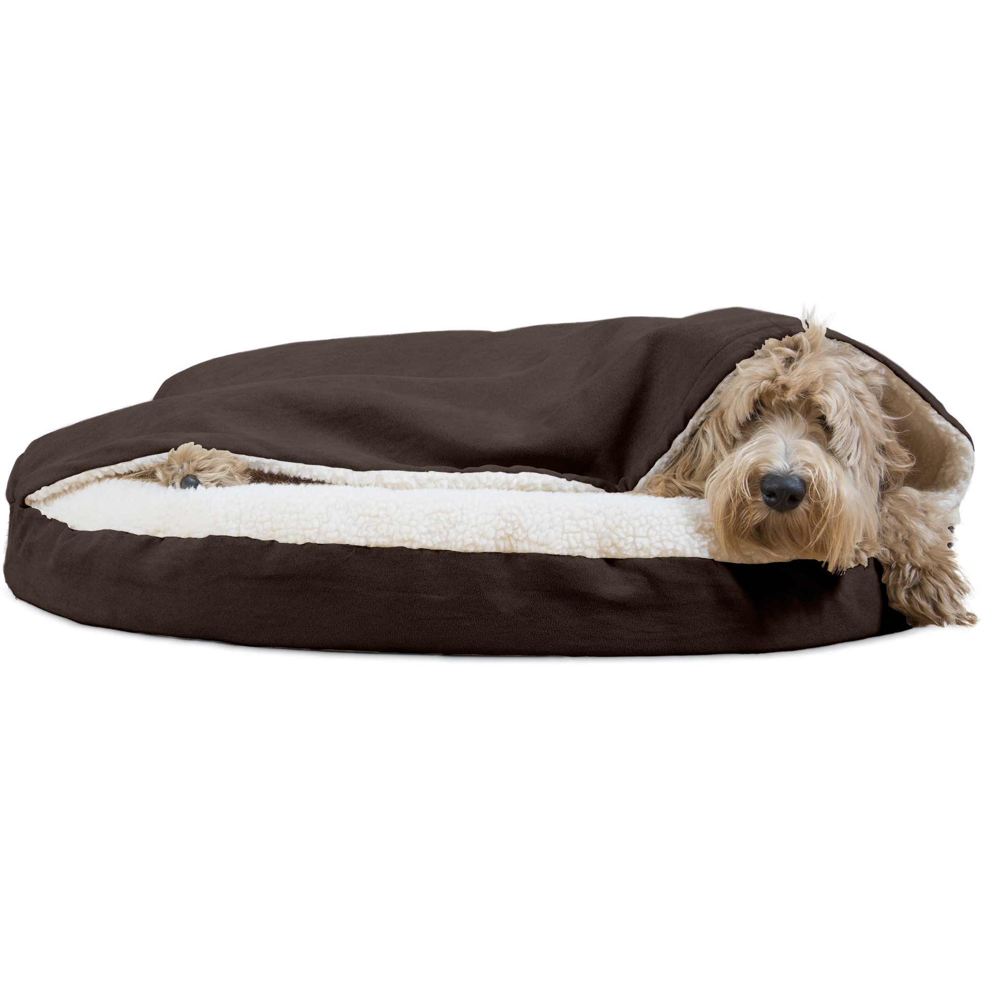FurHaven Pet Dog Bed Orthopedic Round Faux Sheepskin Snuggery Burrow