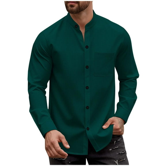 ZCFZJW Men's Button Down Shirt Lightweight Casual Texture Wrinkle Free Shirts Long Sleeve Waffle Knitted Untucked Shirt with Pockets Army Green XL