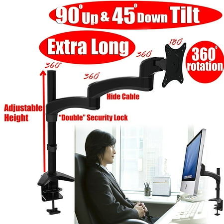 Black Mounting Pole - 2xhome -New Ergonomic Fully Height Adjustable Easy Articulating Tilting Black Desk Pole Mount Bracket Desktop Flat Panel Clamp Stand with Extension Arm for Single LCD LED