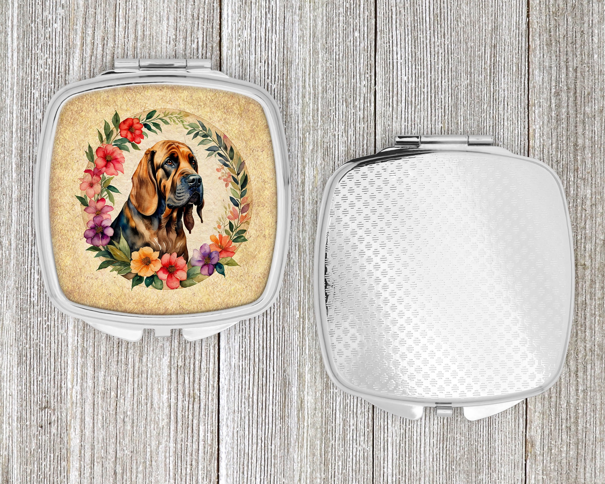 Bloodhound and Flowers Compact Mirror 2.75 in x 3 in