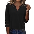 thumbnail image 3 of Craaazy Women Casual Tops Loose Fit Solid Color V Neck Lace Trim 3/4 Sleeve Blouses for Fall Gift, 3 of 9