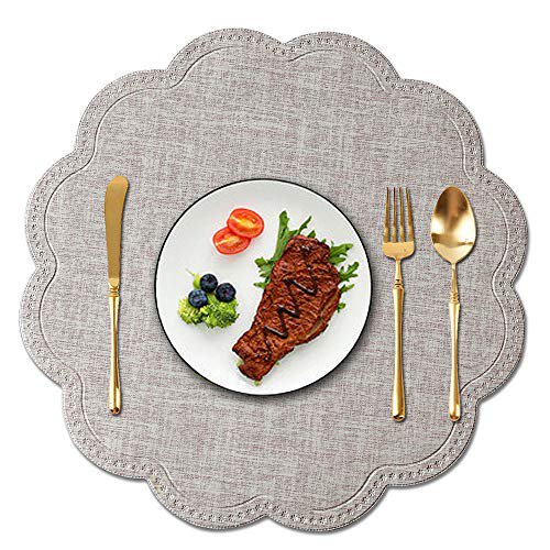 Kreatur Round Waterproof Placemats for Dining Table Set of 6 Beige,Modern PU Leather Washable