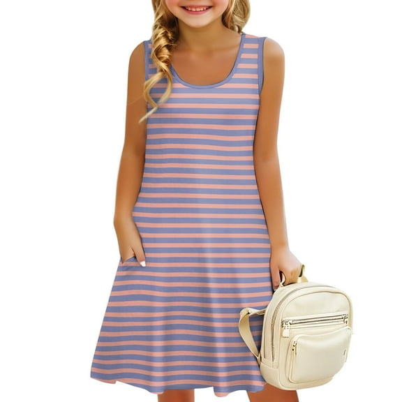 XADYUY Summer Dress for Girls 7-8 Casual A-Line Striped Sleeveless Tank Dresses Cute Summer Swing Skirt with Pockets for 4-14t Kids,Red 6-8 Years