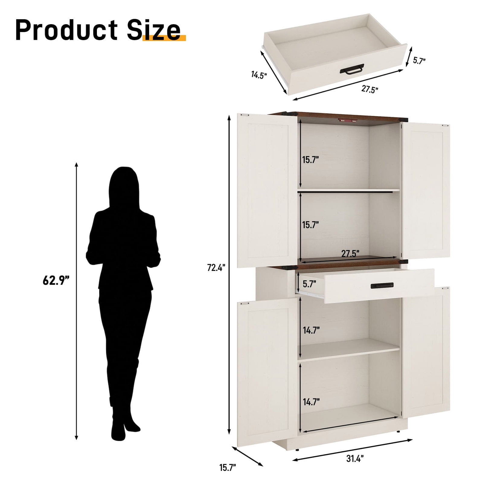 72" Tall Kitchen Pantry, Farmhouse Pantry Cabinet with 1 Drawer & 4 Layer Adjustable Shelves, Rustic Wood Storage Cupboard with Metal Load-Bearing Pipe for Kitchen Bathroom Living Room Hallway