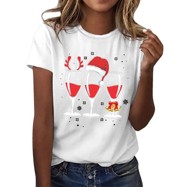 Gibobby Camisas de Navidad para mujer Camiseta con gráfico navideño para mujer, divertida y camiseta de para ver películas, cuello redondo, camiseta de manga corta(Blanco,M)