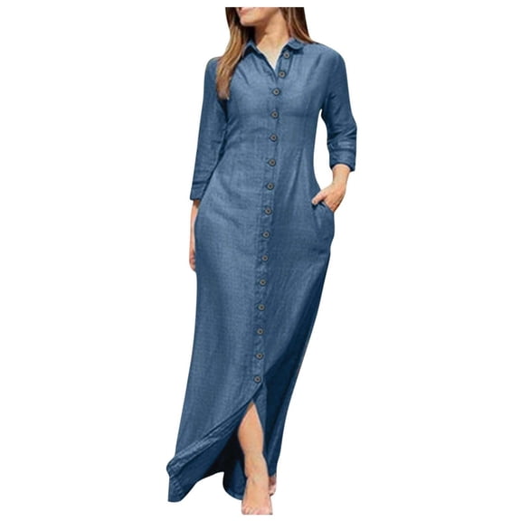 Odeerbi Dresses for Women 2025 Maxi Dress Fashion Turndown Collar Loose And Comfortable Long Sleeve Long Dress Light Blue