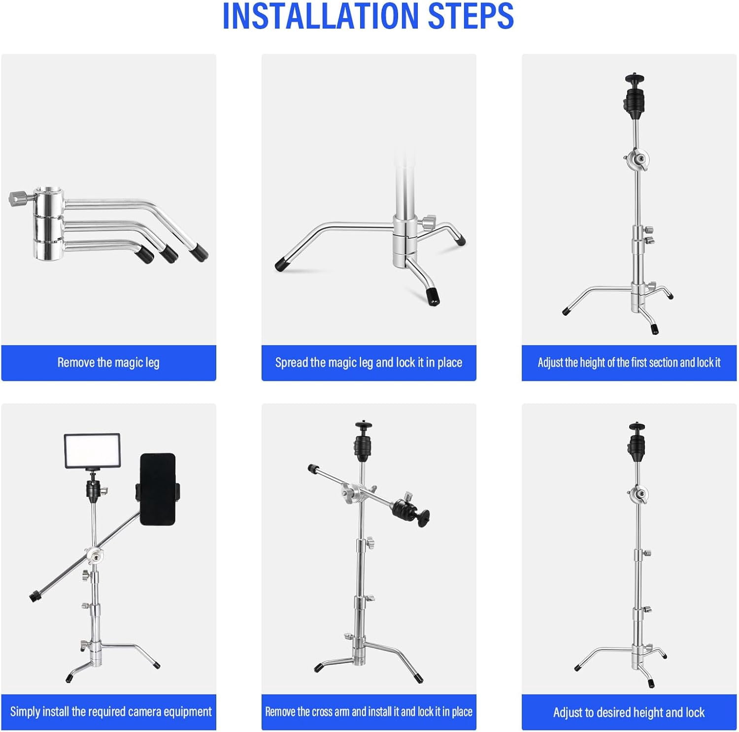 20 Inch  C-Stand All-Metal Adjustable Mic Stand with 13 Inch  Arm Grip  for Camera Smartphone Lights Shock Mount