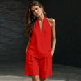 thumbnail image 4 of Qwertyu Linen Short Sets for Women 2 Piece Outfits V Neck Halter Tank Tops Knee Length Bermuda Shorts Beach Loungewear Set Red L, 4 of 6