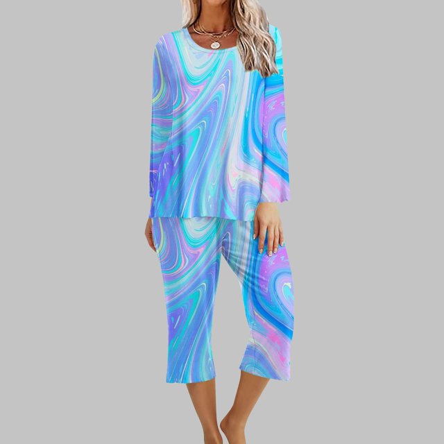 Puntoco Conjunto de pijama capris de manga larga con cuello redondo y estampado de dos piezas para mujer Puntoco Puntoco-8238