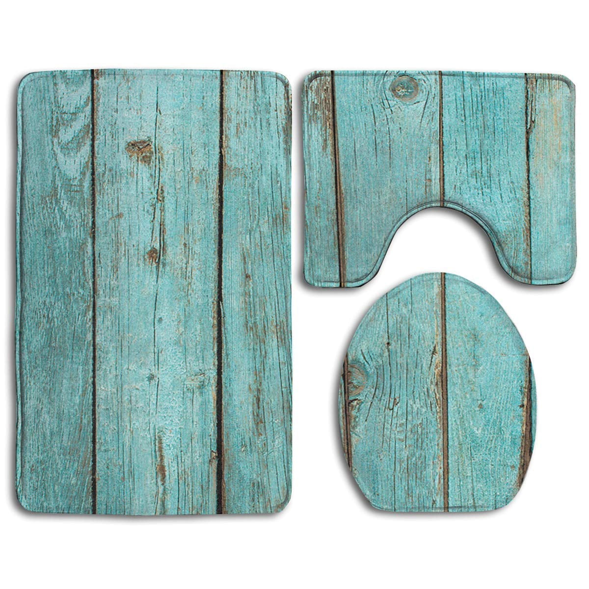 GOHAO Blue Grunge Rustic Planks Wood 3 Piece Bathroom Rugs Set Bath Rug Contour Mat and Toilet