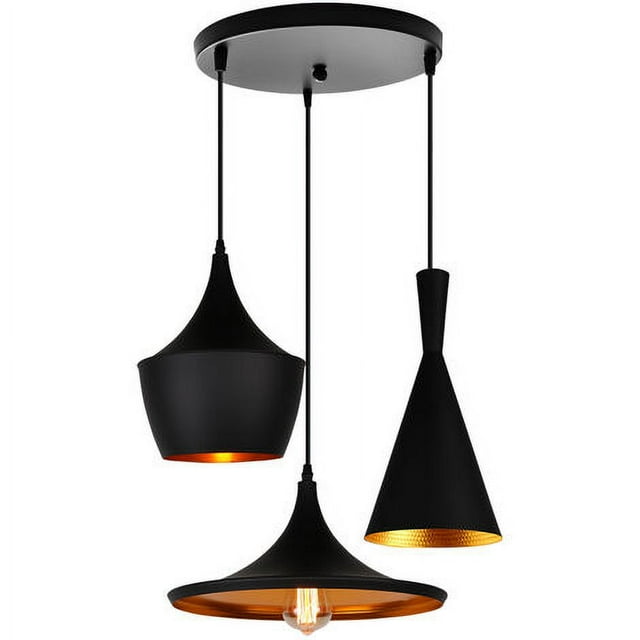 Matte Black Pendant Light for Living Spaces, Industrial Design with Easy Installation and Adjustable Height, Features Vintage Brass Interior and Multiple Teardrop-Shaped Shades
