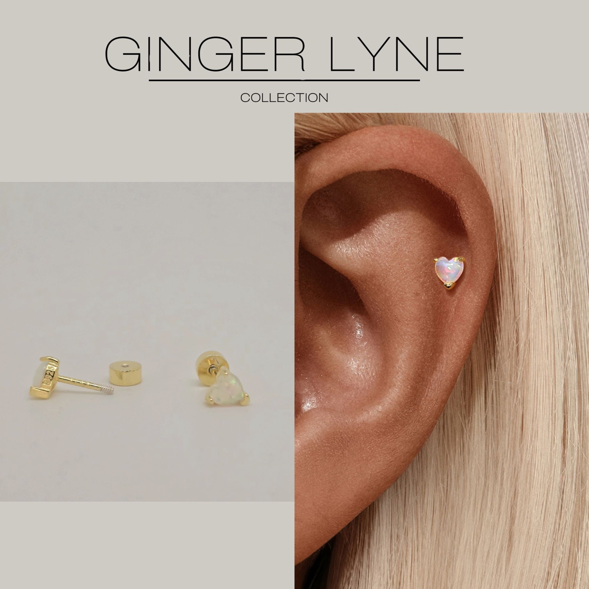 Heart Flat Back Opal Earrings for Cartilage Helix Tragus Lobe16g Gold over Sterling Silver Studs Pair by Ginger Lyne