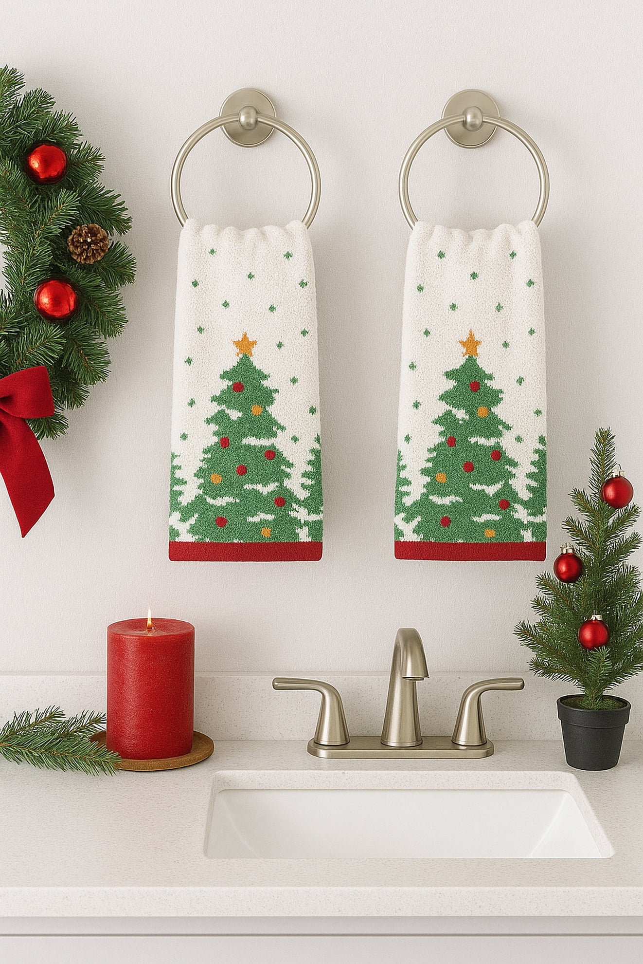 St Nicholas Christmas Tree Bath Hand Towels Embroidered Ornaments 2 Pieces Cotton