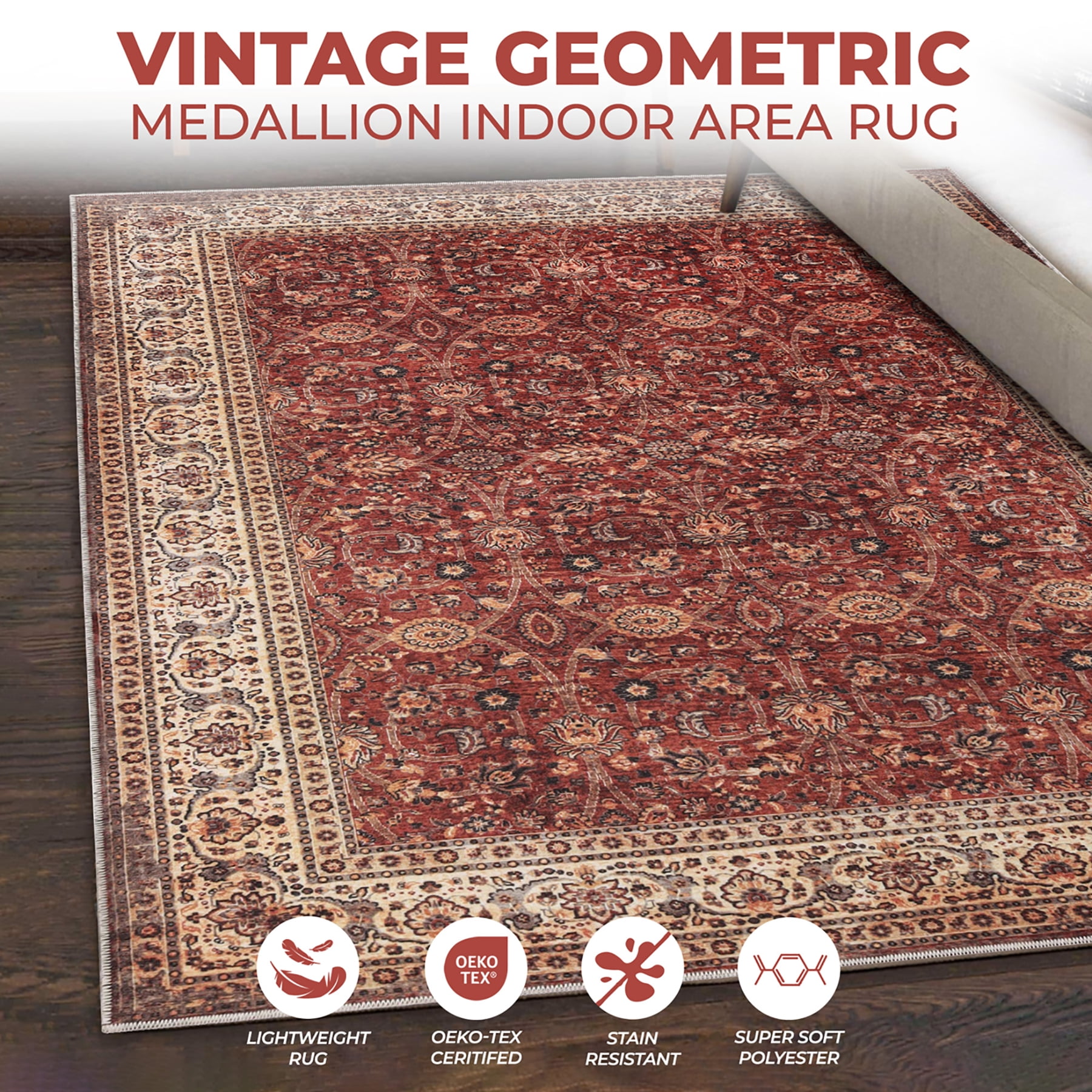 Superior Toucan Vintage Non-Slip Washable Indoor Area Rug, 6' x 9', Beige
