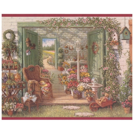 Wall Border - Village Flower Shop Vintage Wallpaper Border Retro Design, Prepasted Roll 15 ft. x 10