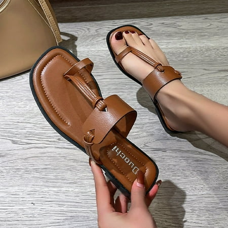 

uikmnh Women Shoes Shoes Fashion Solid Color Outer Wear Direction Toe Flat Sandals Brown 7.5