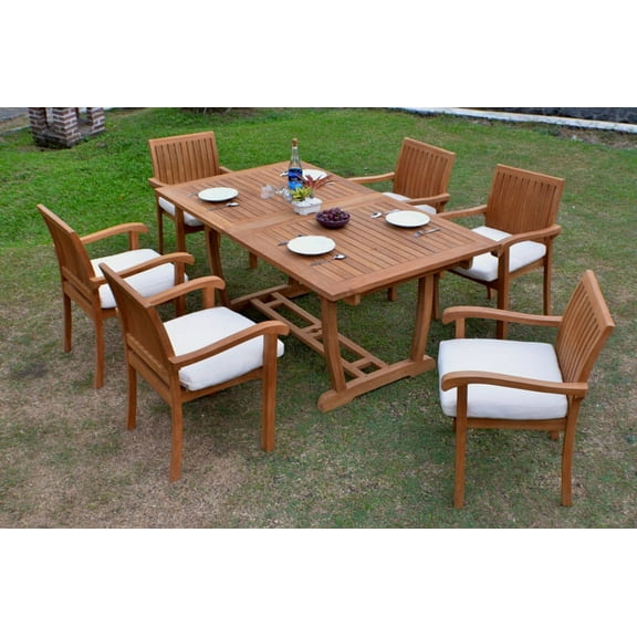 Teak Dining Set:6 Seater 7 Pc - 94" Mas Rectangle Table And 6 Napa Stacking Arm Chairs Outdoor Patio Grade-A Teak Wood WholesaleTeak #WMDSNPb