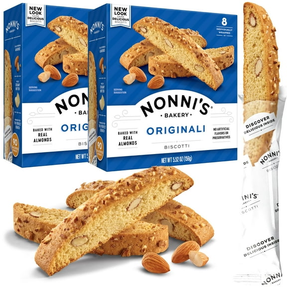 Nonnis Originali Almond Biscotti Italian Cookies - 2 Boxes Biscotti Individually Wrapped Cookies - Italian Biscotti Cookies Baked Fresh W/A Hint Of Anise & California Almonds - Kosher - 5.52 Oz