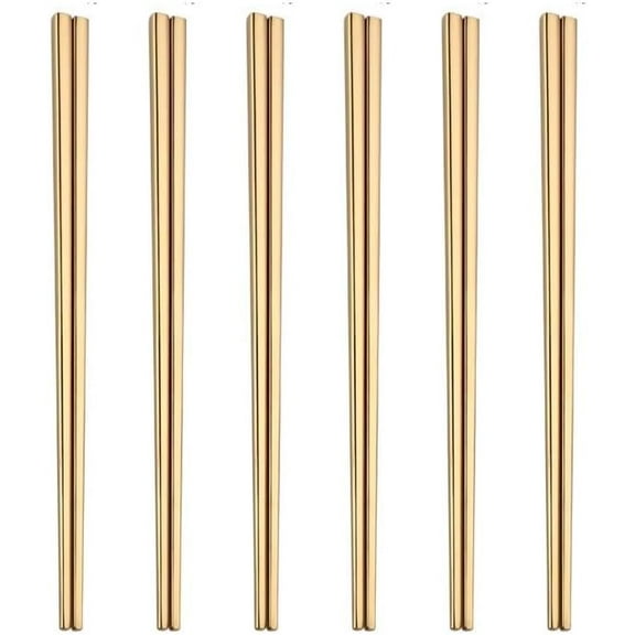 ABCISI 6 Pairs Chopsticks Set, Non-Slip Colorful Square Chopsticks, Stainless Steel Food Serving Chopsticks Reusable, Dishwasher Safe, Easy to Use, Gold