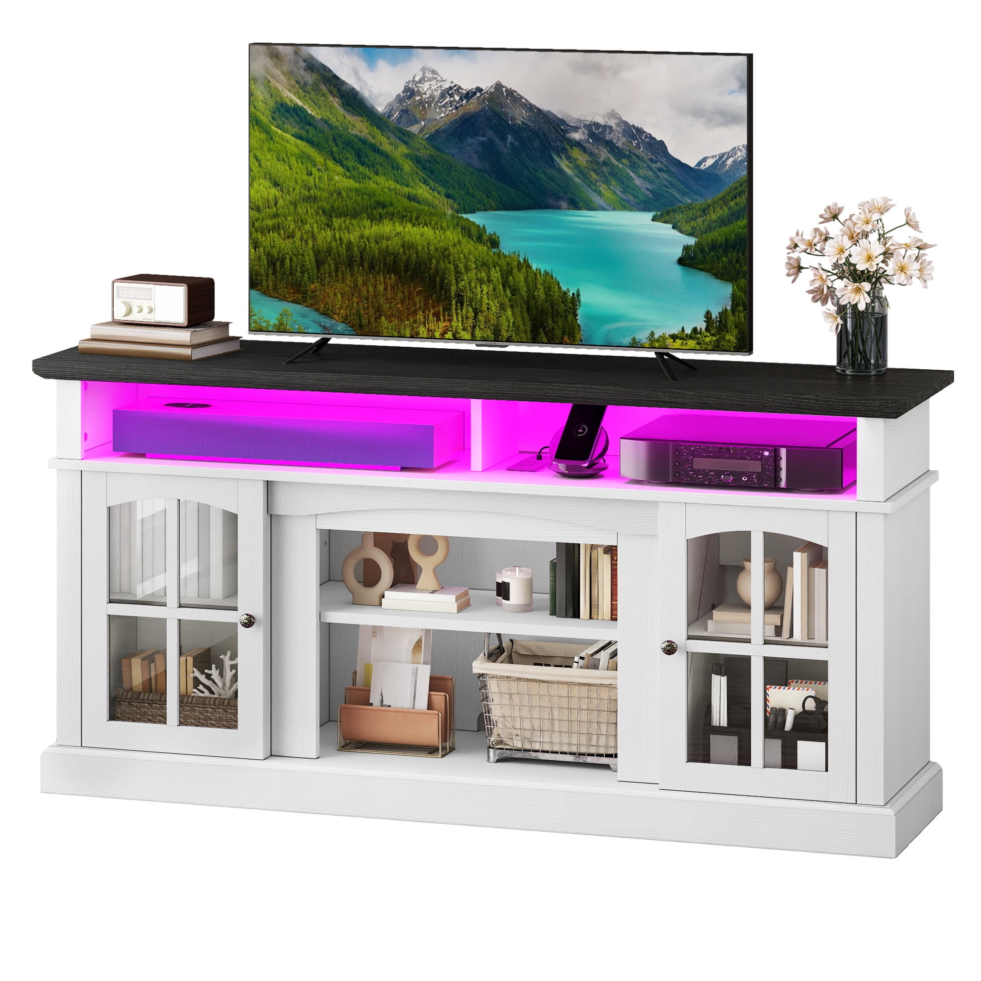 Uforic 66" Farmhouse TV Stand with LED Lights & Power Outlets, Tempered Glass Doors, Adjustable Shelves for Living Room for 75" TV, White