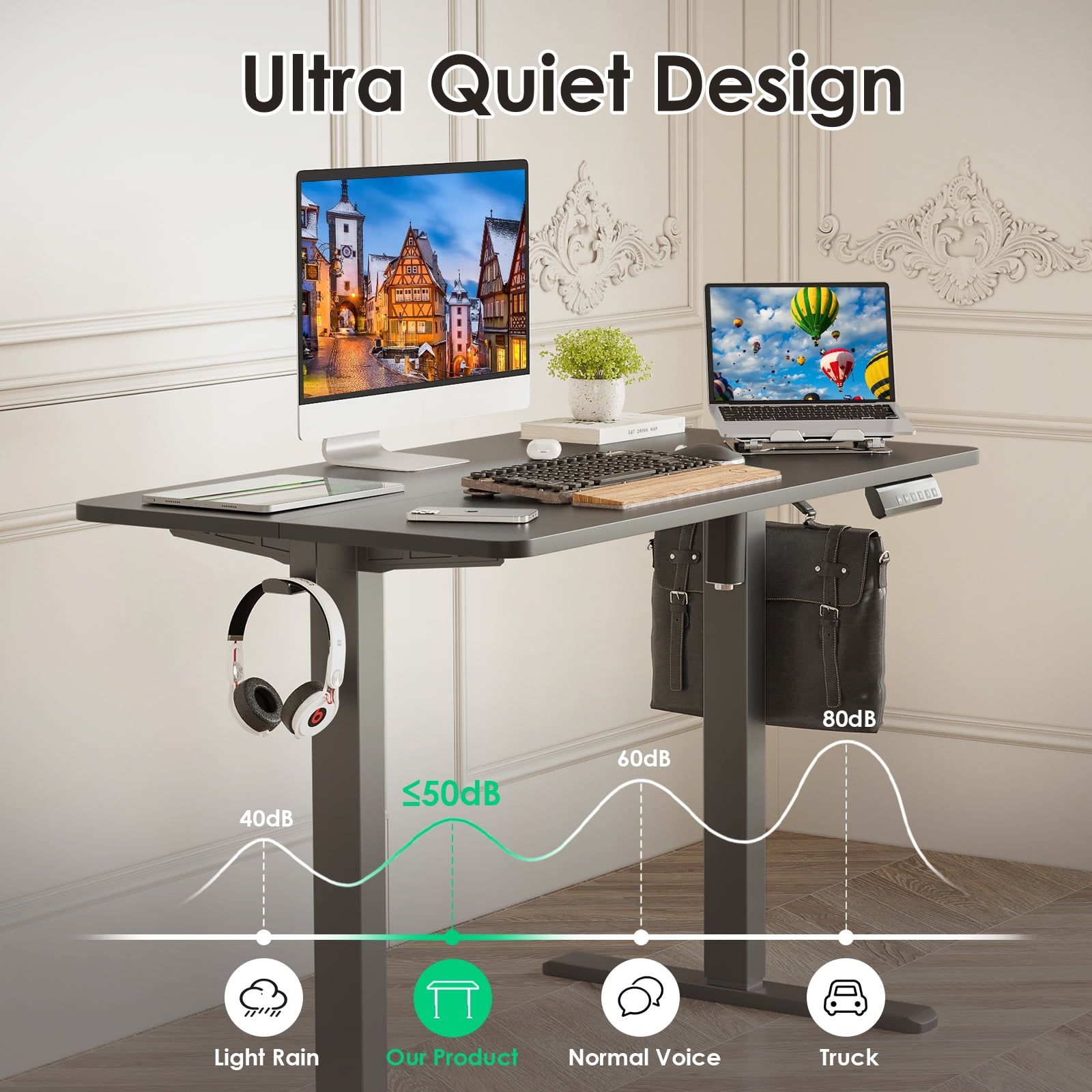 Farini Adjustable Standing Desk for Home Office, 40"x24" Electric Sit-Stand Desk with Splice Board, Black