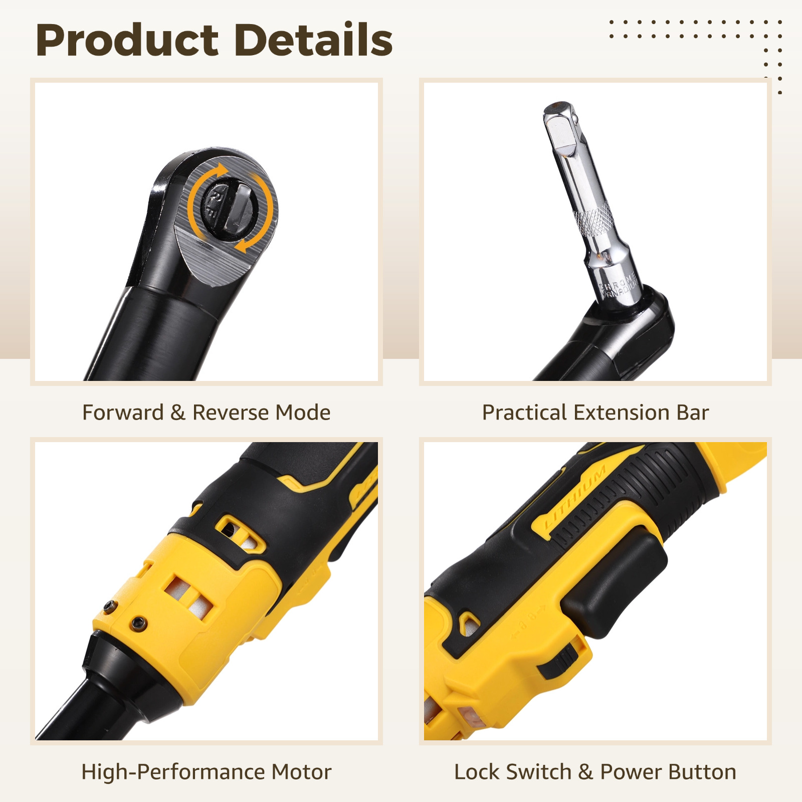 3/8 in Cordless Ratchet Wrench Set, Compatible with DEWALT 21V Battery, 6 in Extended Head, Electric Power Ratchet Tool Auto Repair Kit with 1/4 in Adapter, 3 in Extension Bar, 8 Sockets