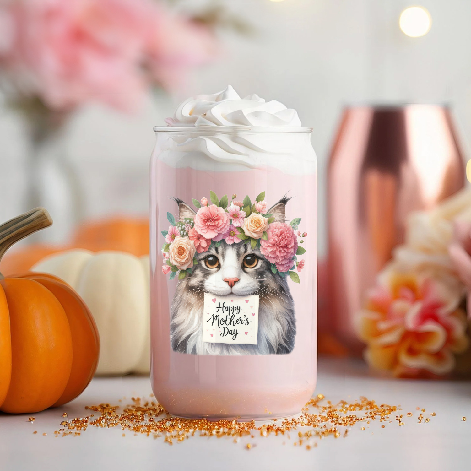 Happy Mother's Day Maine Coon with Flower Crown and Greeting Card 16oz Glass Cup Mug Cat Lover Kitten Owner Gifts Glass Can - 13004