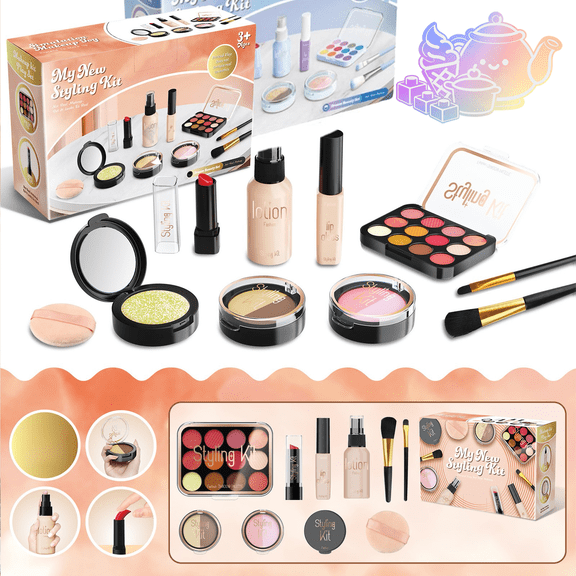 Pretend Makeup Kit Play Set, Kids Simulation Cosmetic Styling Kit, Fake Makeup Palette Lipstick Spray Bottle with Makeup Brushes, Pretend Play House Toys for Kids Ages 3 and Up