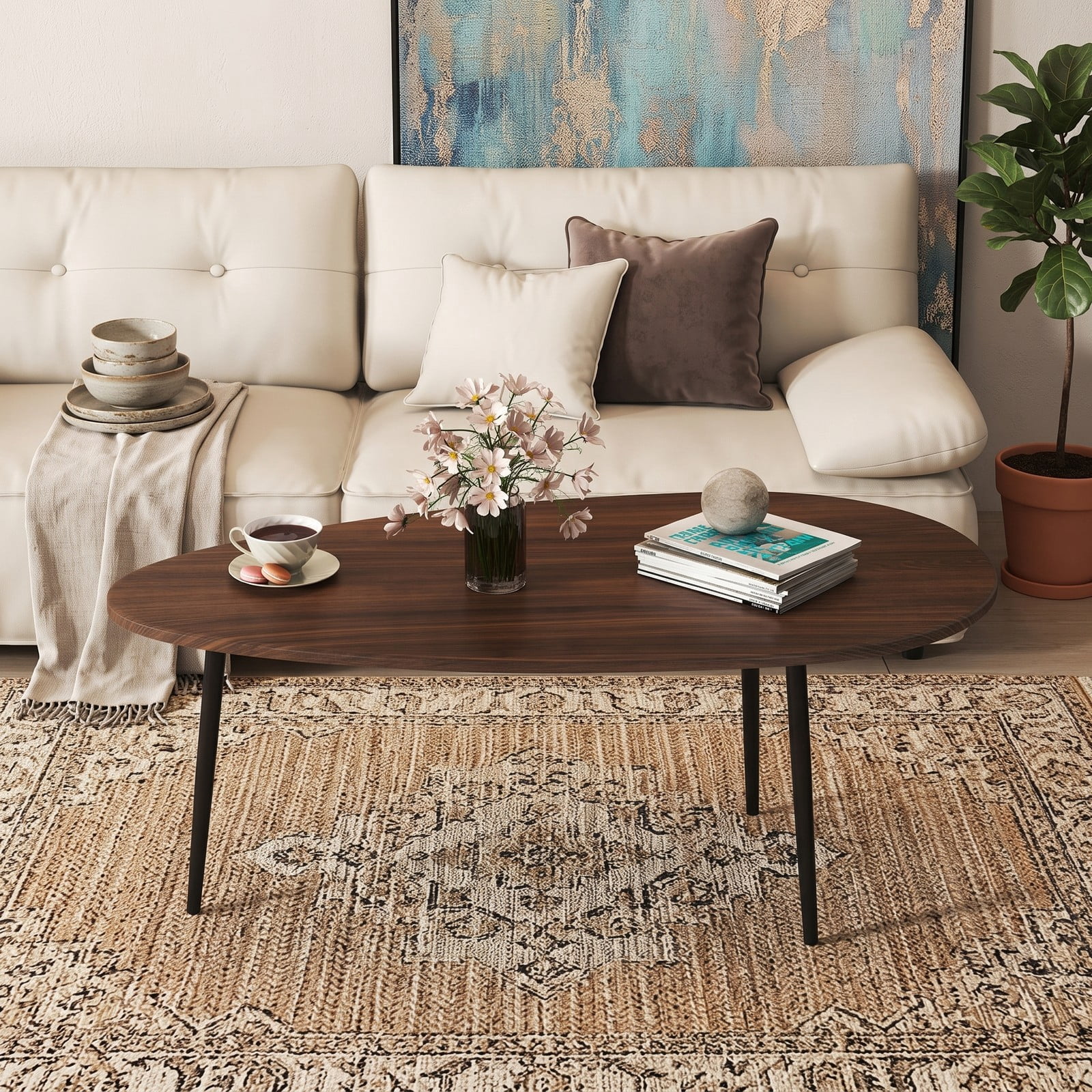 Furnibear Oval Coffee Table Mid Century Center Table with Sturdy Metal Frame, Open Storage Shelf & Adjustable Foot Pads for Living Room, Hallway & Lounge, Walnut
